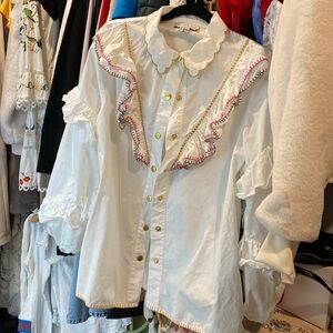 NEVER FULLY DRESSED ruffle scalloped collar gold thread gold button up blouse M